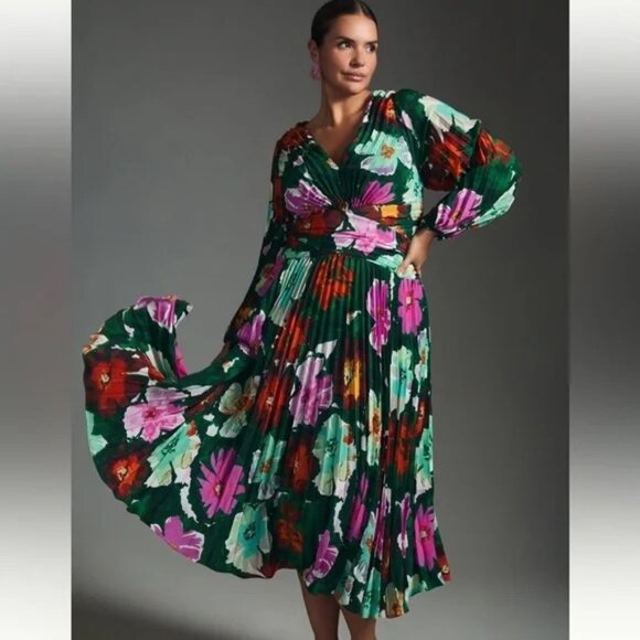 Anthropologie Maeve Midi Dress Pleated Floral Long Sleeve V Neck Size 10 NEW - Picture 1 of 9